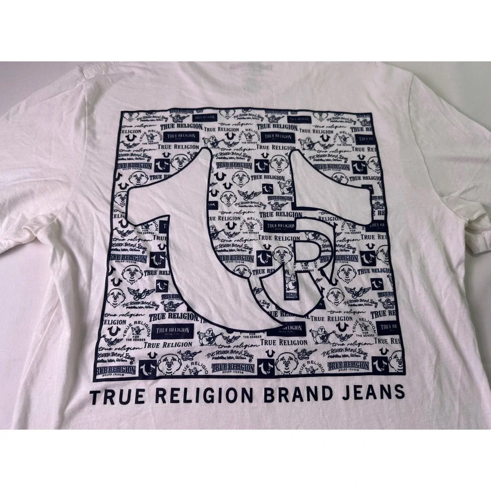 True Religion Mens White Horseshoe Logo Graphic Tee Streetwear Y2K Urban‎ Size M